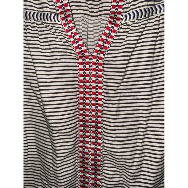 J.Crew Striped Embroidered Split Neck Blouse Navy White Red Womens 10 Nautical - Image 2