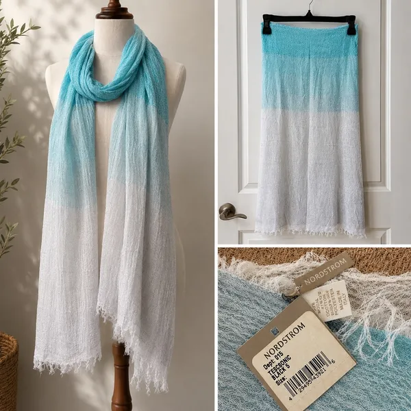 Nordstrom Scarf Womens Turquoise Ombre Crinkle Gauze Italian Modal Cotton Wrap - Image 2