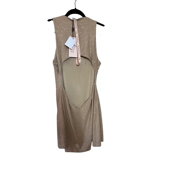 Oh Polly Arabella NWT Embellished High Neck A Line Mini‎ Dress Nude Gold SZ 14 - Image 7