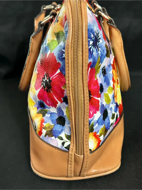 Bueno Floral Dome Satchel Handbag with Tan Trim & Red Interior - Image 14
