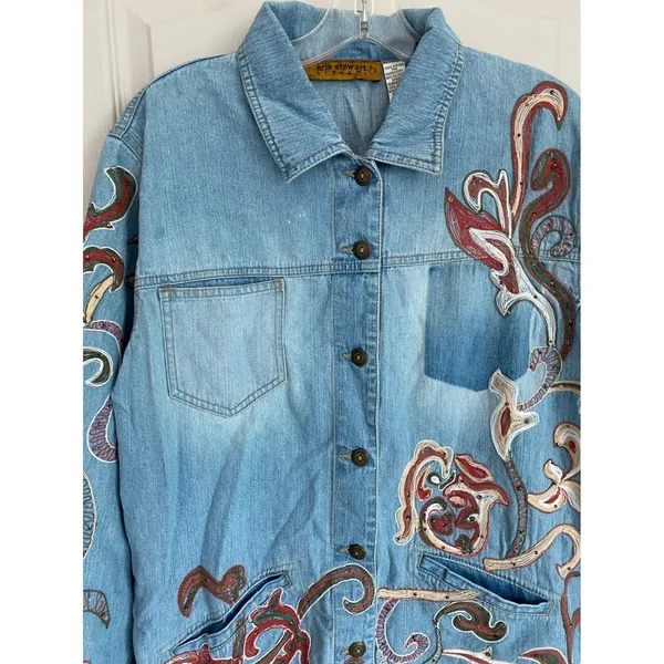 Erik‎ Stewart Vintage Denim Jacket Womens L Floral Embroidered Boho Size 2 - Image 6