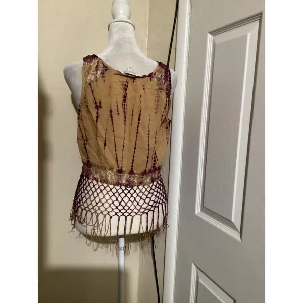 Patrons of Peace Tan Purple Tie Dye Fringe Macrame Tank Top Womens Large L - Image 3