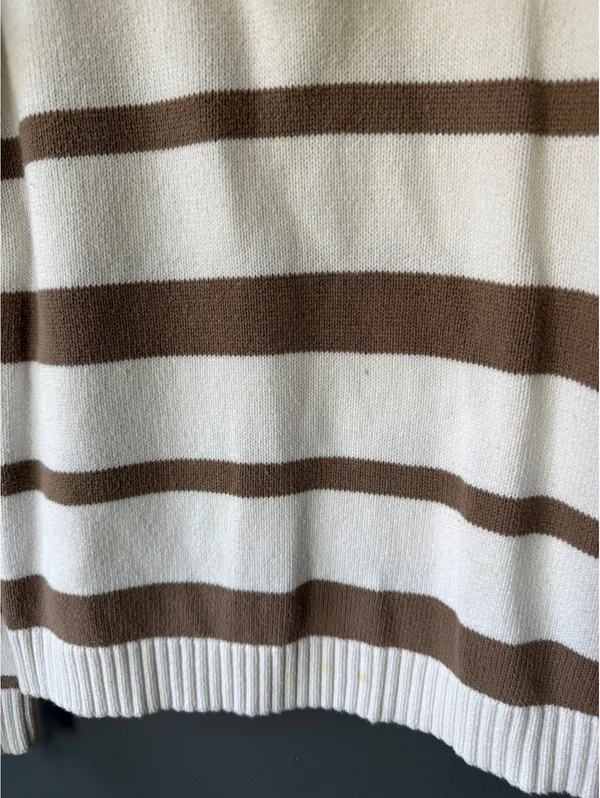 Liz & Co. Brown and White Striped Cotton Half-Zip Sweater, Size M - Image 7