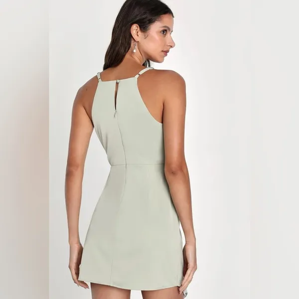 Lulus Mini Slip Dress Sage Green Satin Asymmetrical Hem V-Neck Size XS NWT‎ - Image 3