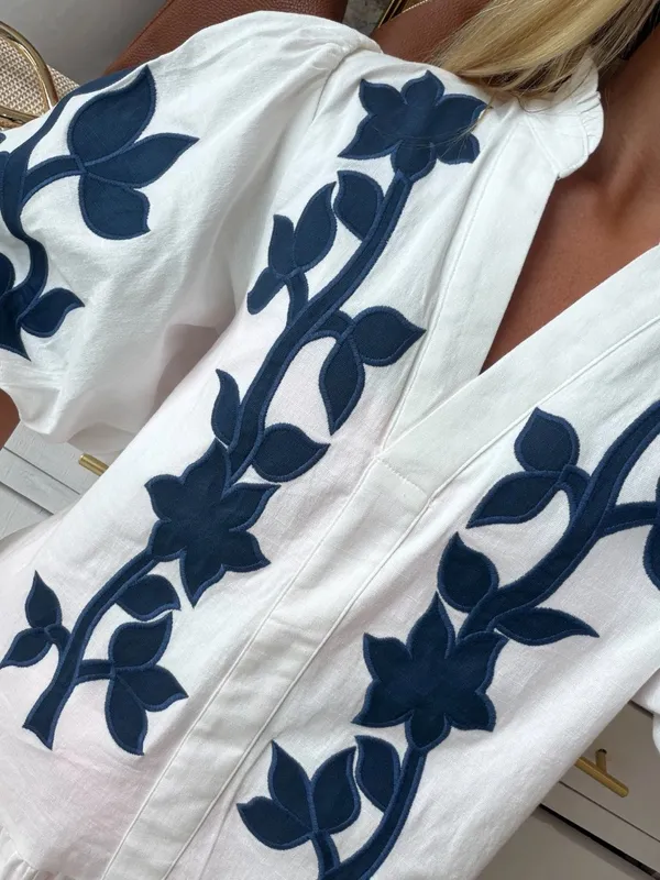Women's Embroidered Dress | White & Blue | NWT - Image 2