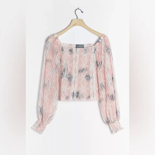 Anthropologie Smocked Crop Top Long Sleeve Sheer Sleeve Blouse Pink Print Size S - Image 2