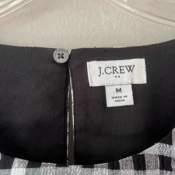 J. Crew‎ Sz M Gingham Metallic Puff Sleeve Blouse Top Lined Round Neck Pullover - Image 2
