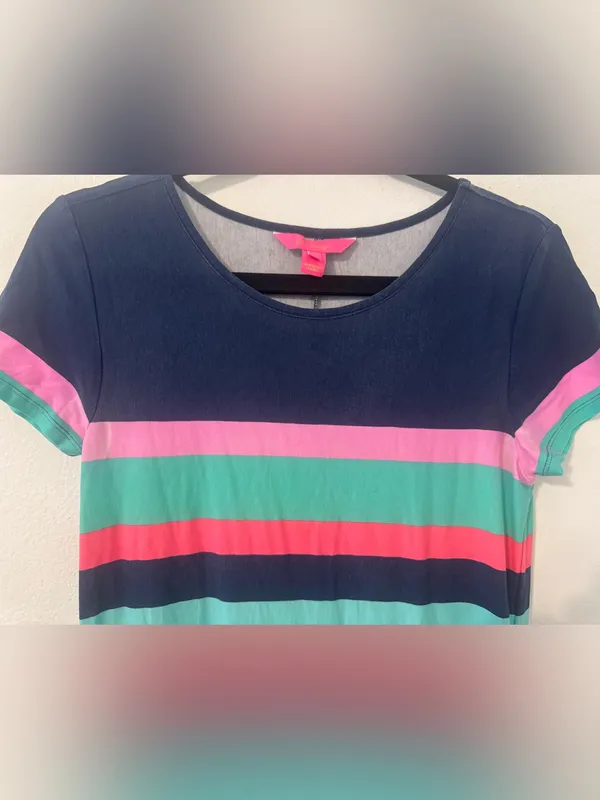 Lilly Pulitzer Tae Maxi Dress Blue Multi-Color Striped Front Slits Medium *Read* - Image 3