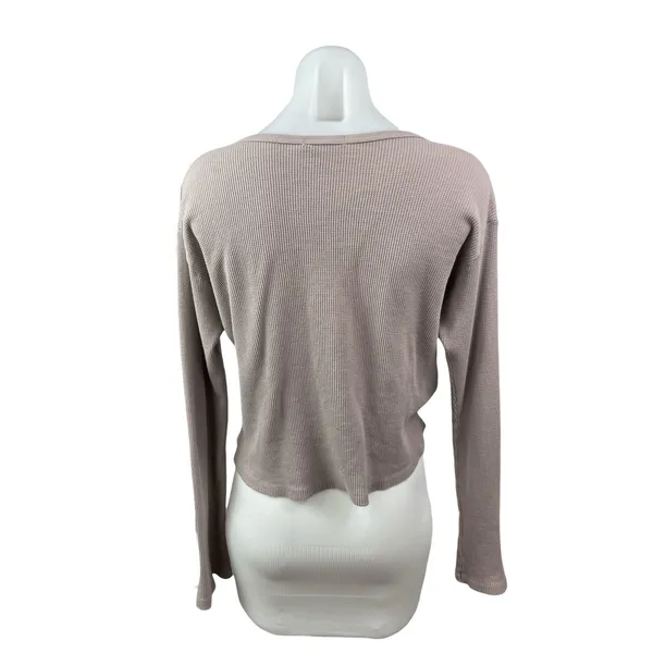 Brandy Melville Beige Taupe Waffle Knit Long Sleeve Henley Thermal Crop Top S/M - Image 4