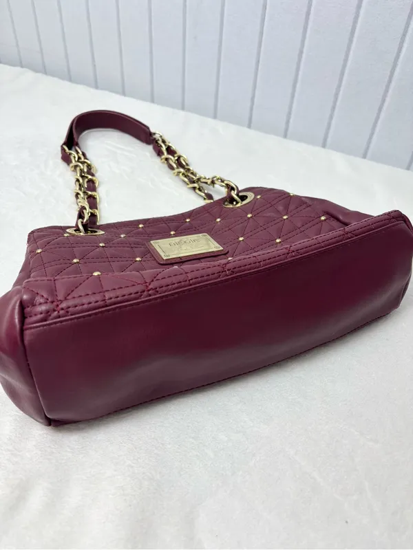 Nicole Miller Quilted Shoulder Bag‎ in Burgundy with Gold Hardware - Image 10