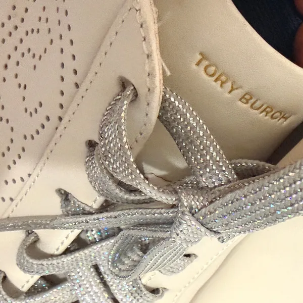Tory Burch Leigh Sneaker Ivory White Leather Silver Glitter Lace 9.5M 83603 - Image 8