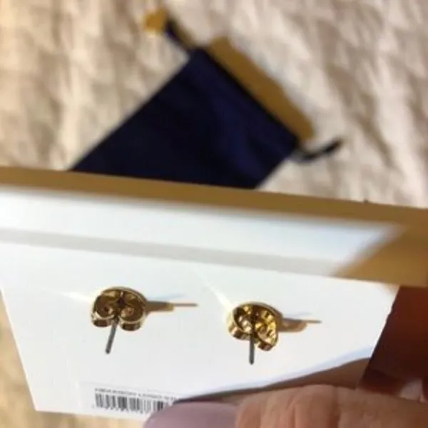 Tory Burch Gold Tone Hexagon Double T Logo Stud Earrings NWT - Image 4