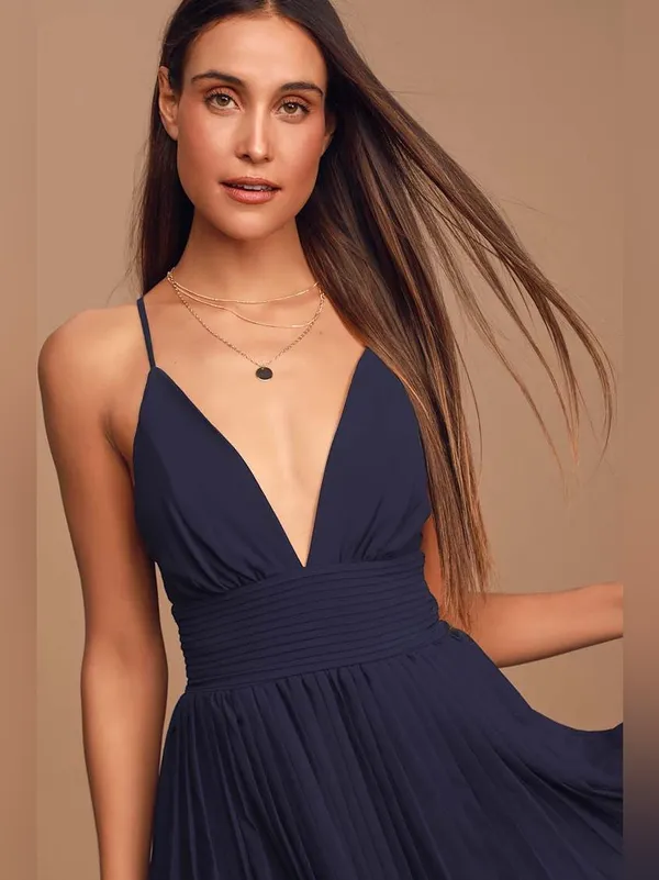 Lulu’s Love Me To The Moon Navy Blue Pleated Midi Dress - Image 2