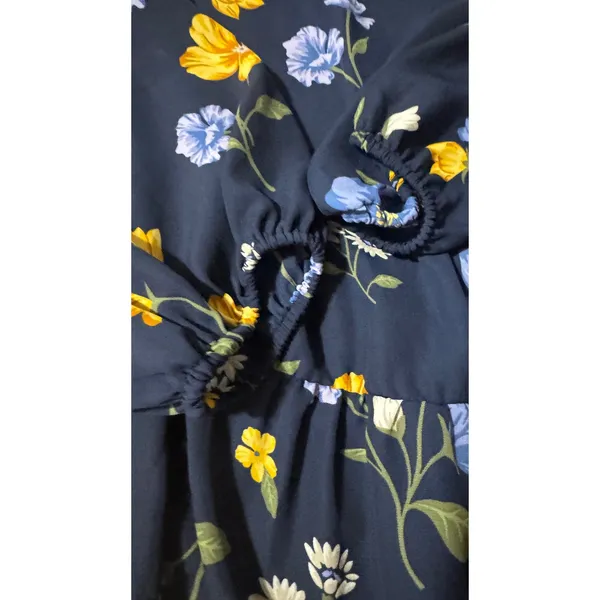 Old Navy Women Navy Blue‎ Floral Ruffle Tie Neck Peplum Long Sleeve Blouse Large - Image 3