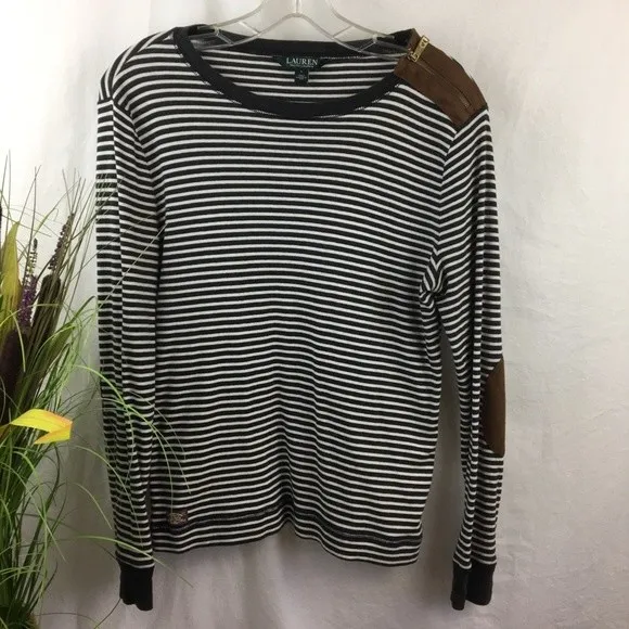 Lauren RL Black & White Striped Leather Elbow Patch Long Sleeve Tee L - Image 3