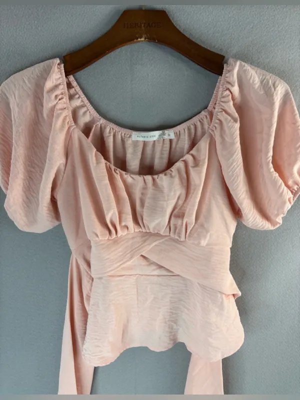 Altar'd State S Balletcore Blush Pink Puff Sleeve Wrap Crop Top - Image 2