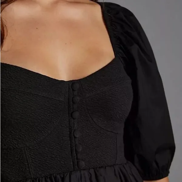 Anthropologie Maeve Puff-Sleeved Cotton Sweetheart Mini Dress Black Size Medium - Image 6