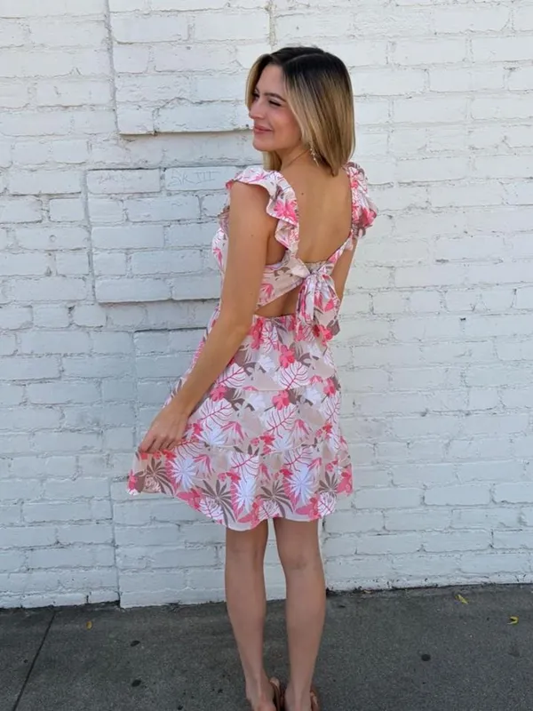 Madden NYC pink white floral print open back ruffled mini dress sz S #summerdress #Hawaiian #boho #vacation #beach - Image 4