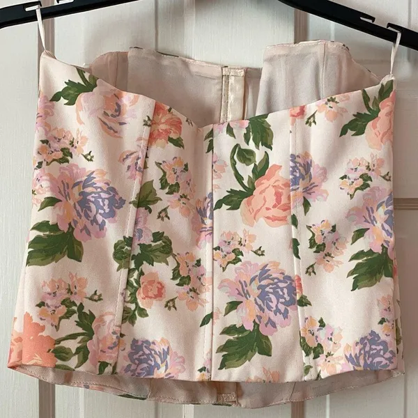 ZARA Cream and Pink Floral Corset Top - Image 3