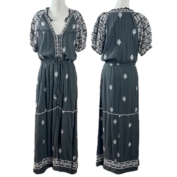 Free People Bohemian Witchy Riley Embroidered Midi Maxi Dress Duster Grey Medium - Image 7
