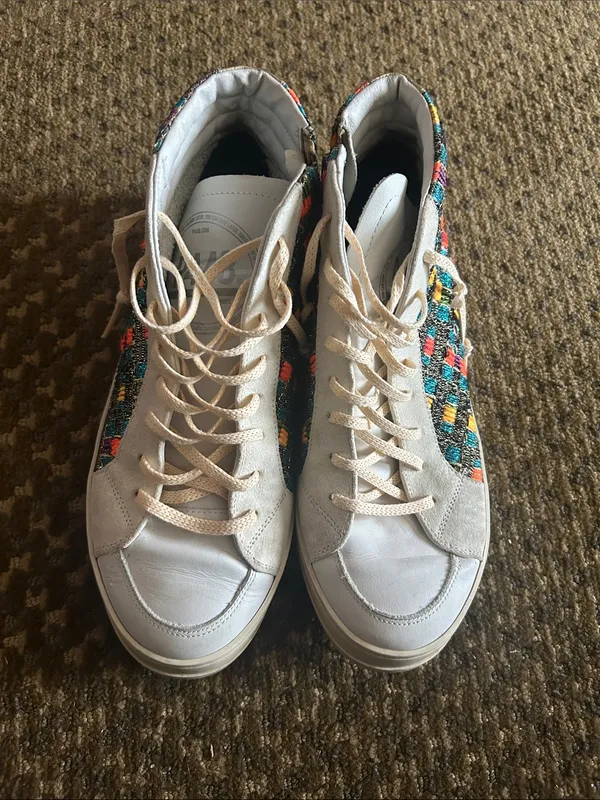 P448 Women’s White High-Top Leather Sneakers with Multicolor Woven Panels - Image 6
