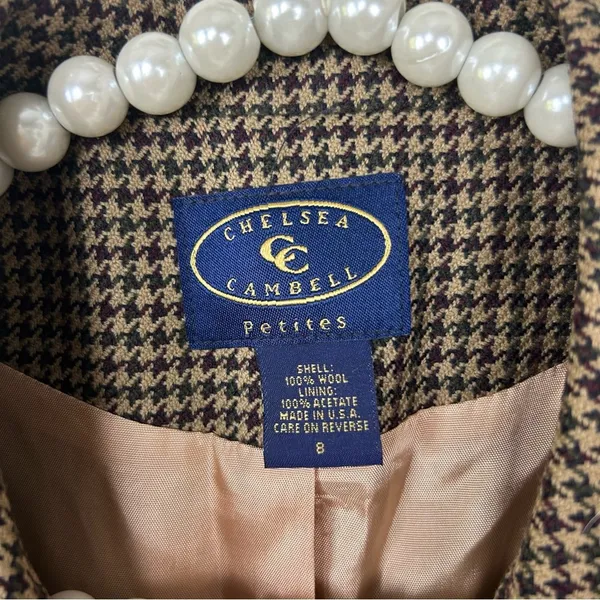Vintage Chelsea Campbell Petites Brown Houndstooth Wool Blazer Jacket Size 8P - Image 5
