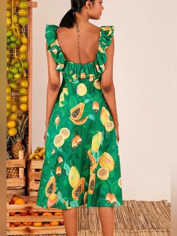 Farm Rio Green Papaya Salad Midi Dress Sz Small Floral Tropical Vacation Resort - Image 2