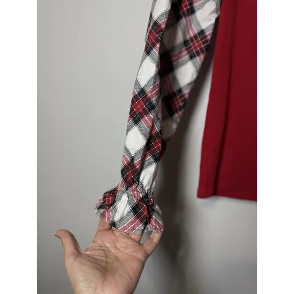 LOFT Women’s Ribbed Henley Red Plaid Mixed Media‎ Puff Shirred Ruffle Sleeves S - Image 13