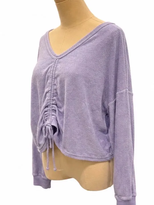 Aerie Lavender Terry Cloth Ruched Cropped Sweatshirt Size Medium - Image 2