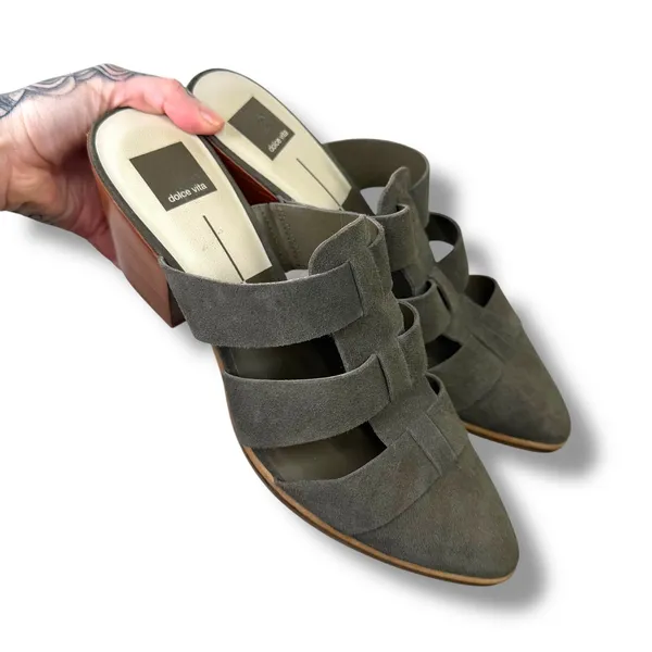 Dolce Vita Dark Grey Suede Pointed-Toe Fisherman Cage Slip-On Block Heel Mules - Image 6
