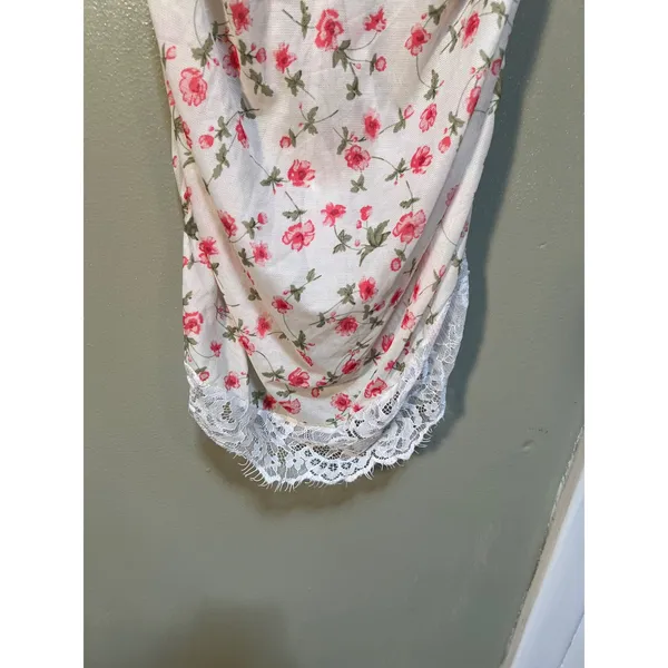 Women's Sz Medium Lace Edge Floral Print Slip Dress White Pink V-Neck Sheer Mini - Image 6