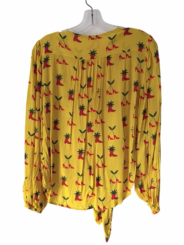 Anthropologie Kendra Dandy Dreamer Yellow Heel Print Tie Front Blouse size 0 - Image 7