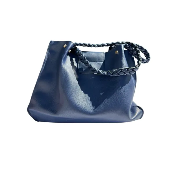 Navy Blue Triple Compartment‎ Tote Bag Classic Elegant Braided Handles Gold Logo - Image 6
