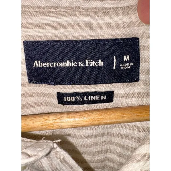Abercrombie & Fitch White Gray Stripe Linen Long Sleeve Button Down Shirt Size M - Image 4