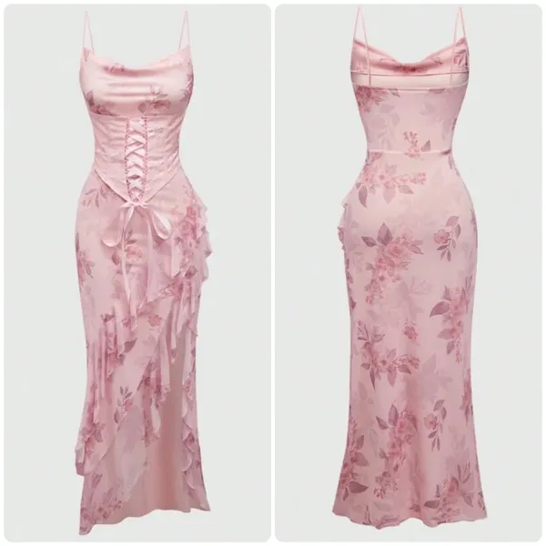 Womens Pink Pastel Floral Lace-up Corset Ruffle Coquette Fairy Maxi Dress Size S - Image 2