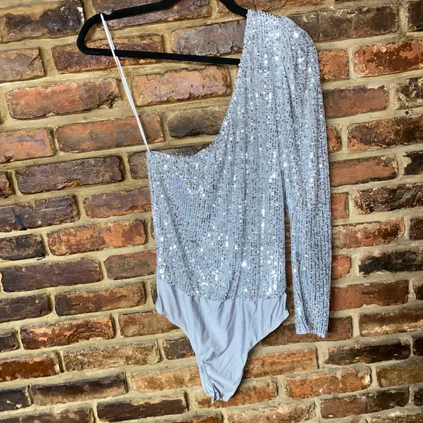 Zara Silver Sequined One Shoulder Long Sleeve Bodysuit Women's Size Large - Image 2