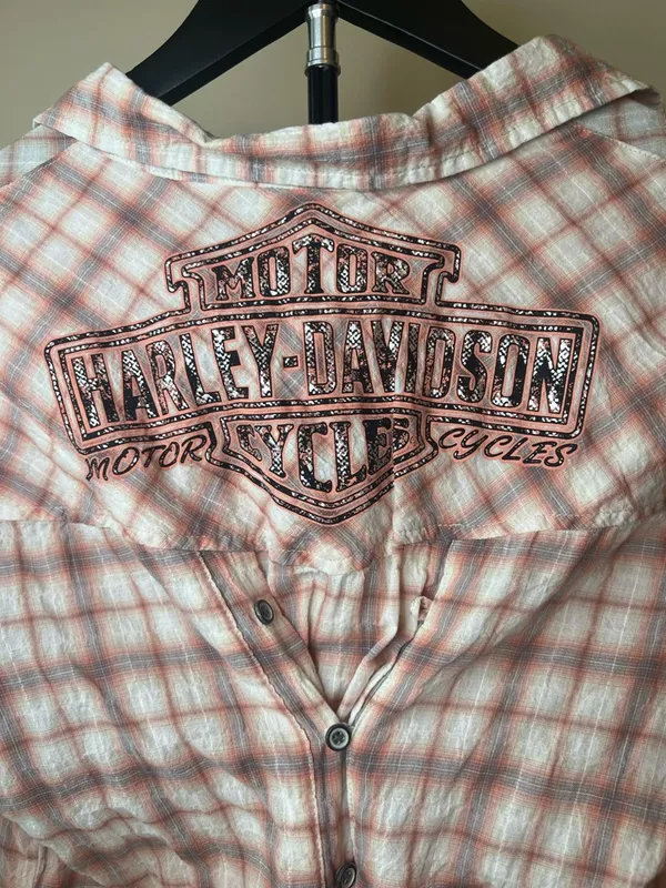 Harley Davidson Corset Back Plaid Shirt‎ Small Pink Spellout Logo Fitted - Image 8