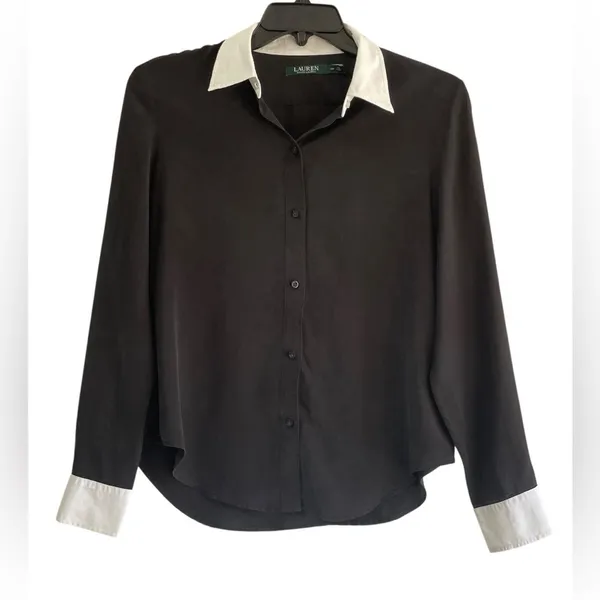 Lauren Ralph Lauren Classic Fit Two-Tone Black and White Silk Shirt size 12P - Image 4