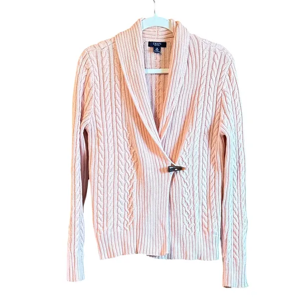 Chaps Light Pink Cable Knit Shawl Collar Toggle Cardigan Sweater Size M - Image 2