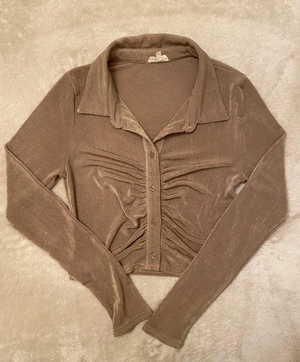 Gold Button Up Ruched Blouse Top Tan - Image 2