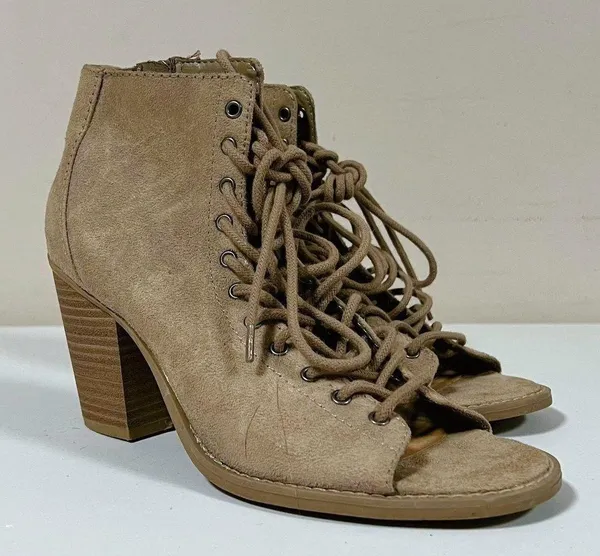 Beige Tan Suede Lace-Up Open-Toe Heels Pumps Sandals Shoes Size 9 🤎✨ - Image 2