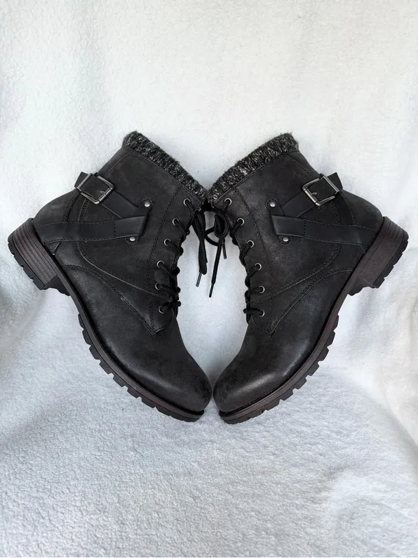 Crown Vintage Racine Combat Boots Womens Size 9.5M Black Side Zip Buckle Strap - Image 6