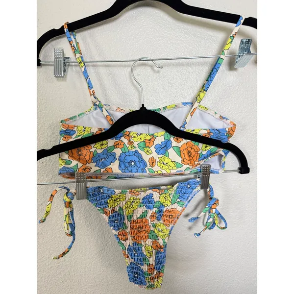 Floral Smocked Bikini Set Blue Orange Yellow Ruched Two‎ Piece Swimsuit Small - Image 4