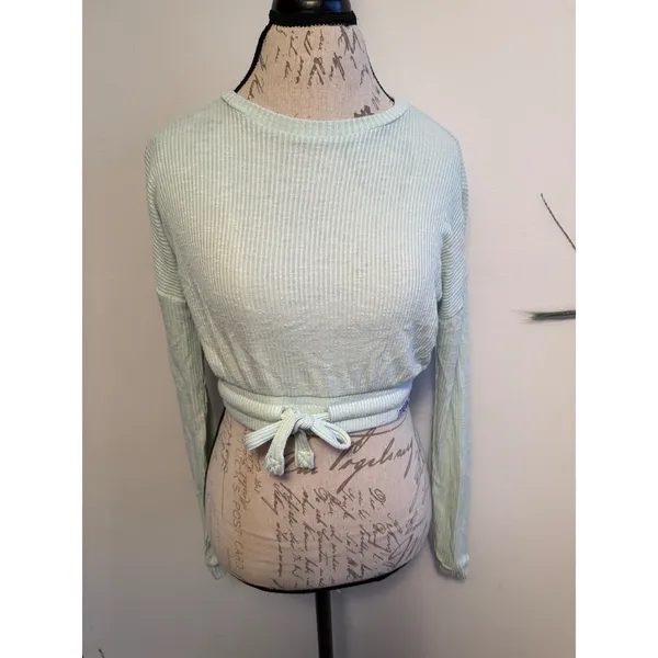 Gymshark Mint Green Ribbed Tie Front Long Sleeve Crop‎ Top Size S - Image 2