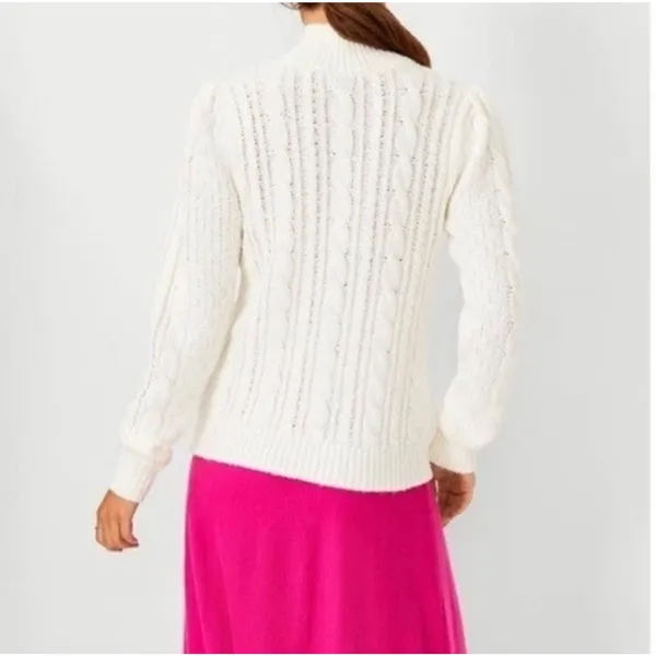 Ann Taylor Chunky Cable Knit Mock Neck Puff Sleeve Sweater Preppy White XS - Image 2