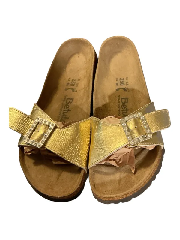 NWOT Betula by Birkenstock Metallic Gold Crystal Buckle Cork Slides Size 39 / 8 - Image 2