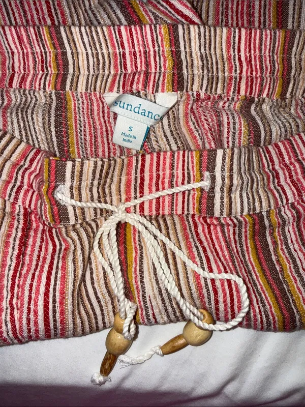 Sundance Pink Tan Stripe elastic Waist Bakari Beachy Pants Roll Tab Hem S pocket - Image 10