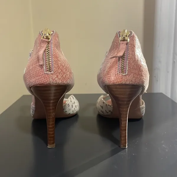 Miss Albright ANTHRO Pink White Multi Floral Peep Toe Back Zip Heels EUC 7.5 - Image 5