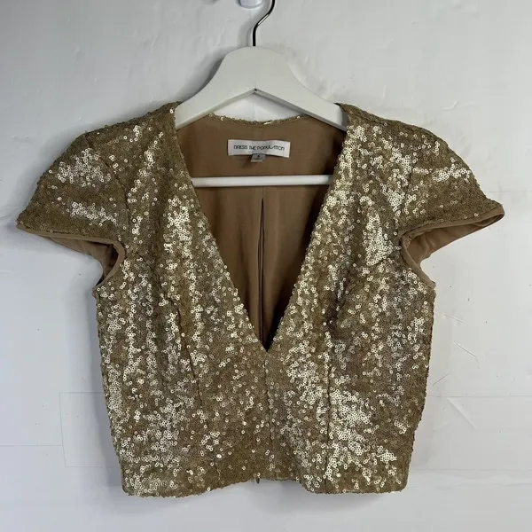 Dress The Population Size Small Cara Two Piece Gown Gold‎ Sequin Holiday Party - Image 5