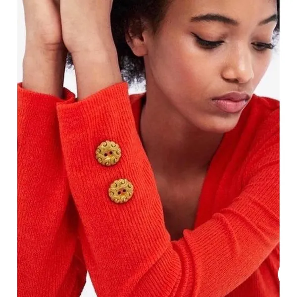 Zara Womens Red V-Neck Ribbed Knit Sweater Gold Filigree Button Cuff Size Medium - Image 3